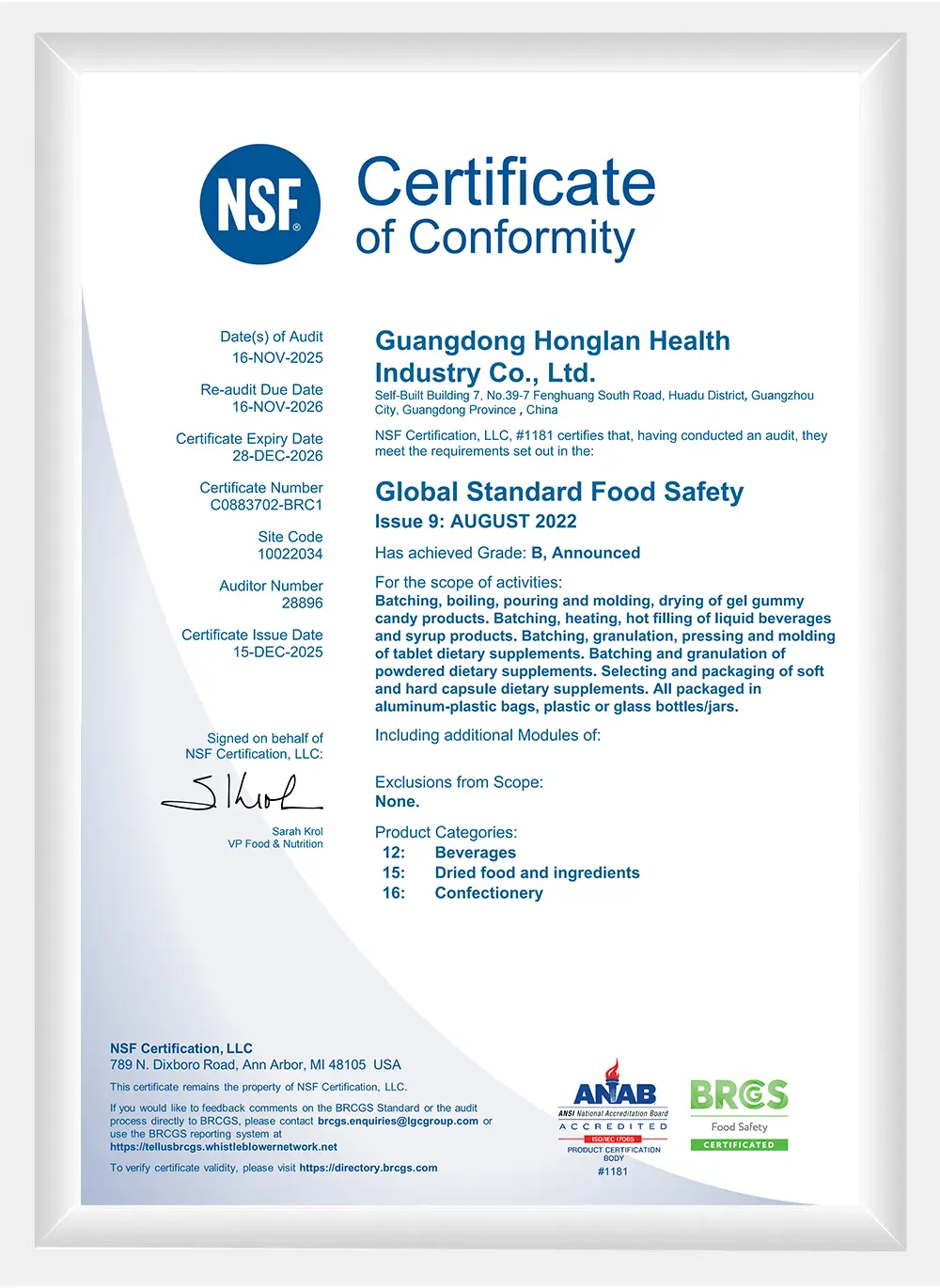BRCGS food safety certificate for dietary supplement manufacturing facility