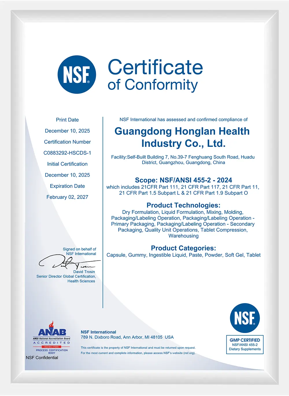 cGMP certified dietary supplement manufacturing facility certificate