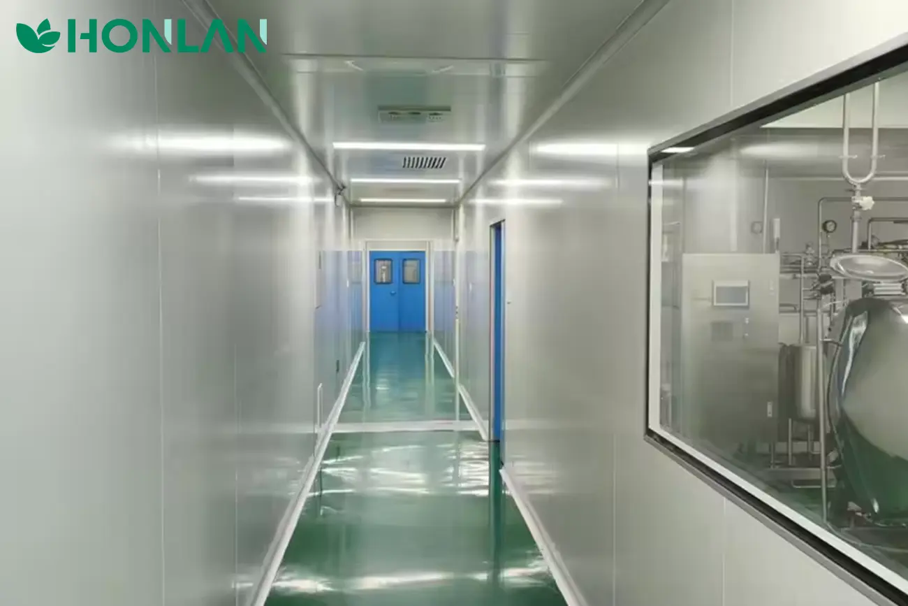 GMP cleanroom corridor inside private label supplement manufacturing facility