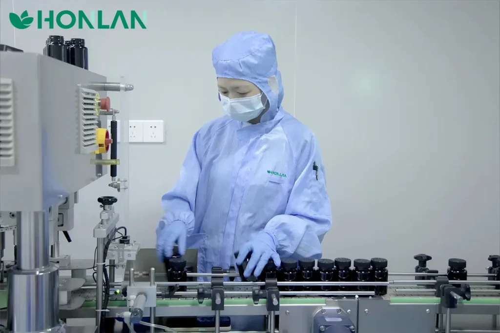 GMP-certified dietary supplement manufacturing technician operating production line and quality control