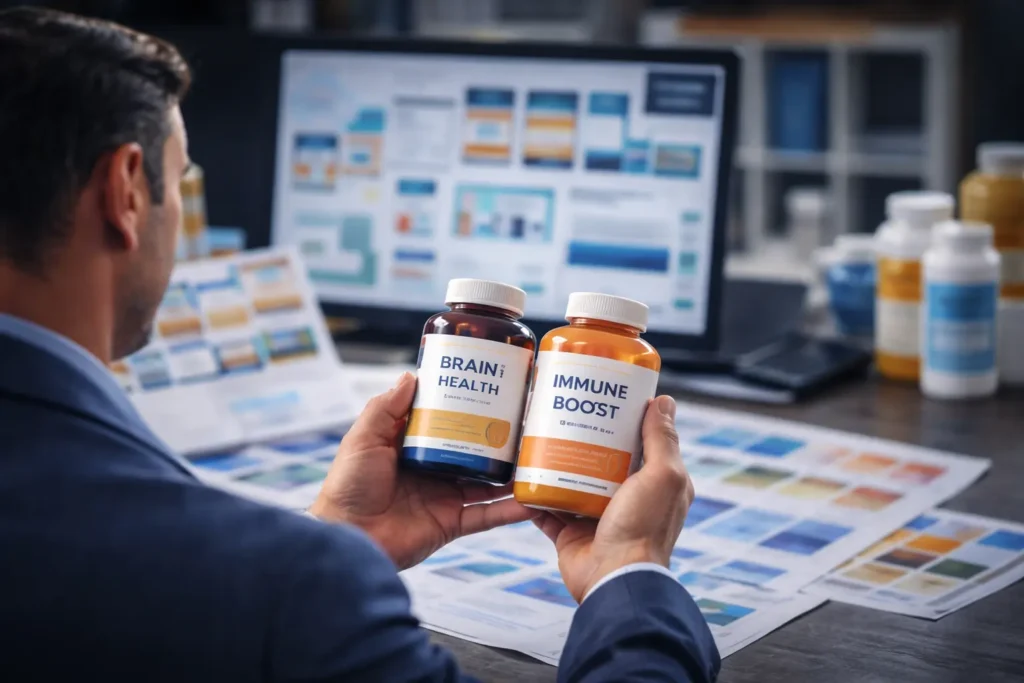 Brand owner reviewing private label supplement products and packaging design with manufacturer