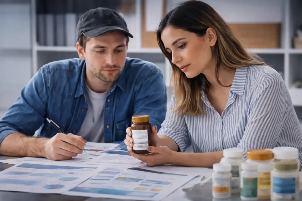 Startup founders developing their first supplement product with a custom supplement manufacturer